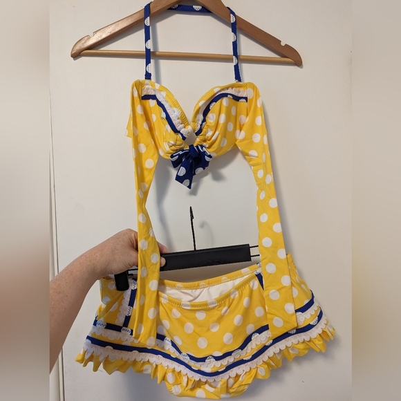 Betsey Johnson Yellow & Blue Polka Dot Bikini Halter or Bandeau - US Small - Picture 2 of 5
